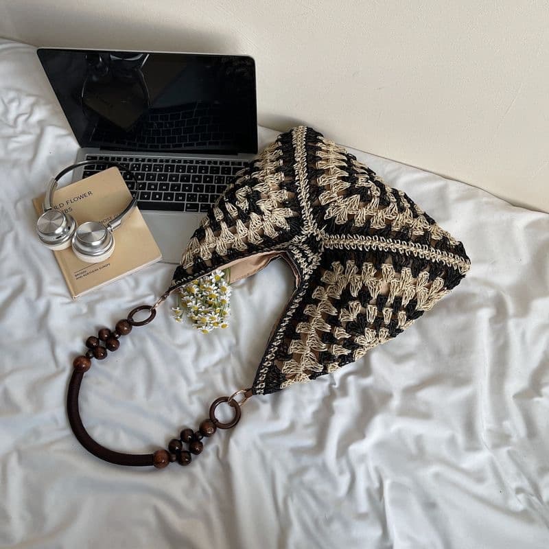 Beige and Black Hand-Woven Paper Rope Bag - Boho Crochet Tote for Summer
