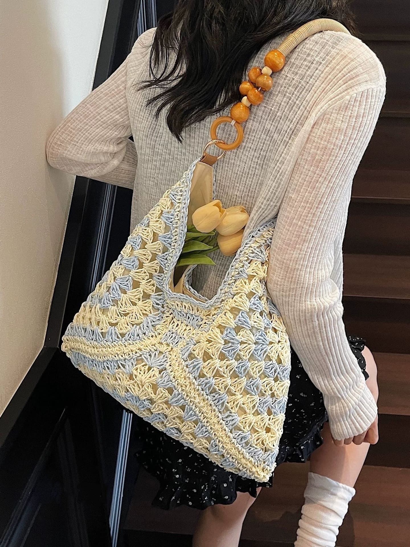 Beige and Blue Hand-Woven Paper Rope Bag - Boho Crochet Tote for Summer