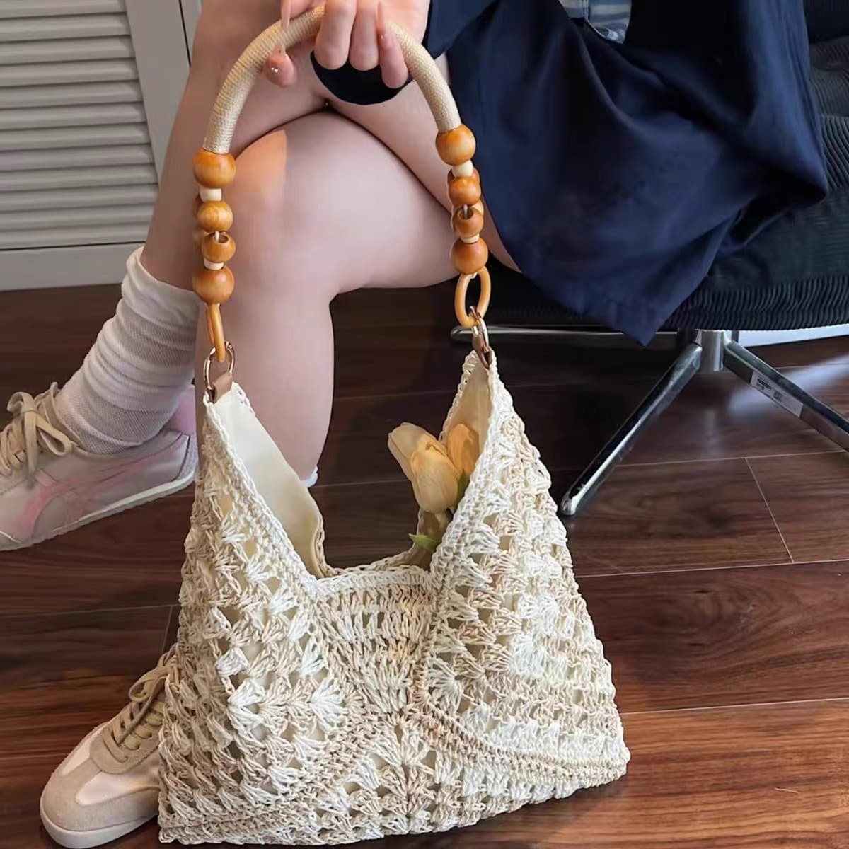 White and Beige Hand-Woven Paper Rope Bag - Boho Crochet Tote for Summer