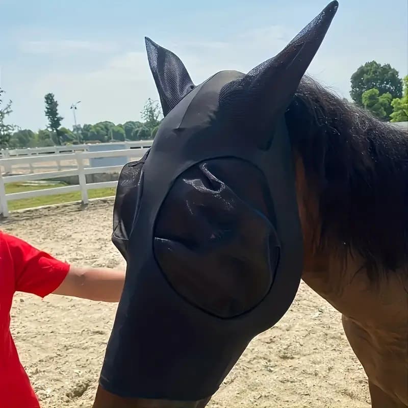 Black 2-PCS Breathable Horse Fly Mask Set - Equestrian Fly Veils with Ears