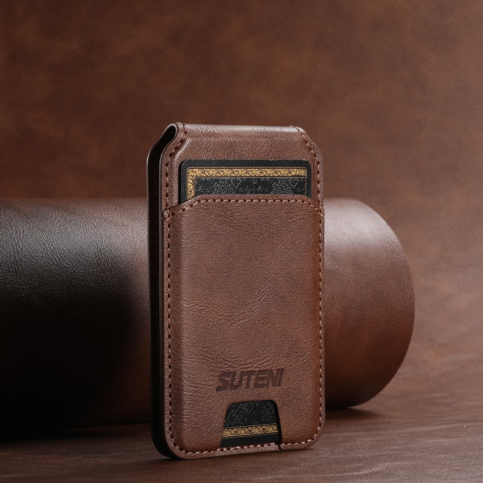 Brown Slim Magnetic Wallet with Kickstand for MagSafe - PU Leather Card