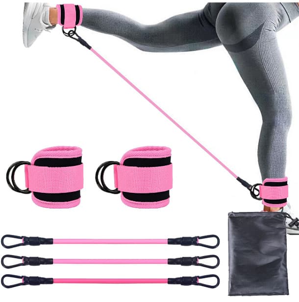 Pink Black Snap Resistance Bands Set with Ankle Straps for Glute - 10-30lbs
