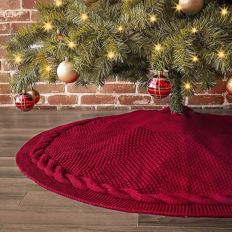 Festive Knit Christmas Tree Skirt - Acrylic Red Tree Mat with Pom-Poms 122