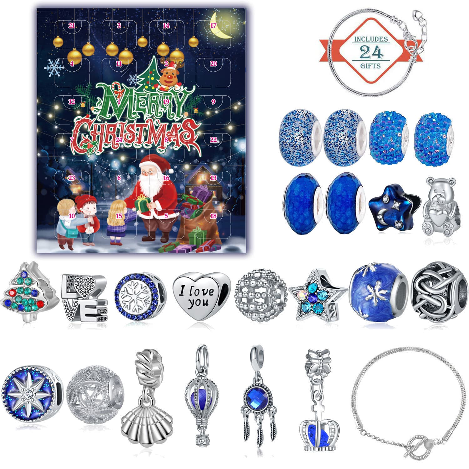 Christmas Advent Calendar DIY Charm Bracelet Kit - Blue Starry Night Theme