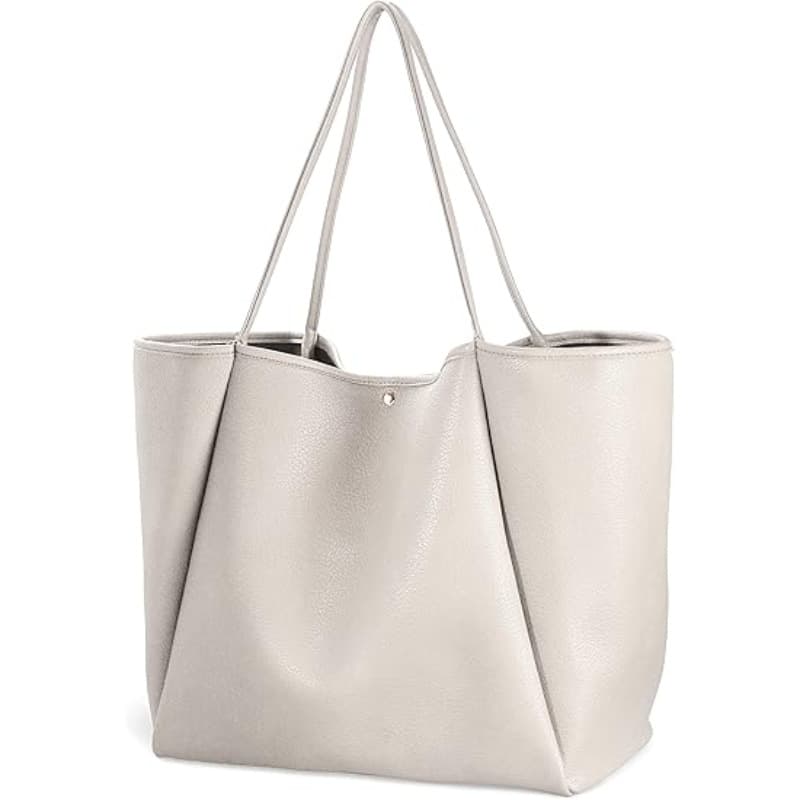 Beige Classic Oversized Tote Bag - Soft Faux Leather Shoulder Purse