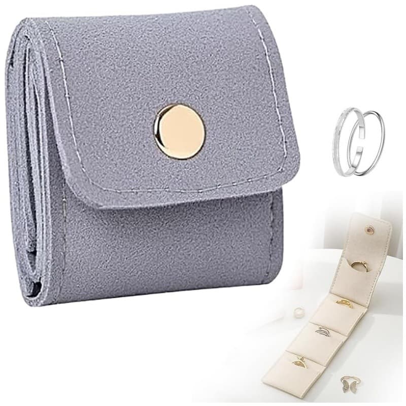 Grey Portable Mini Jewelry Pouch Soft Velvet Travel Organizer for Rings