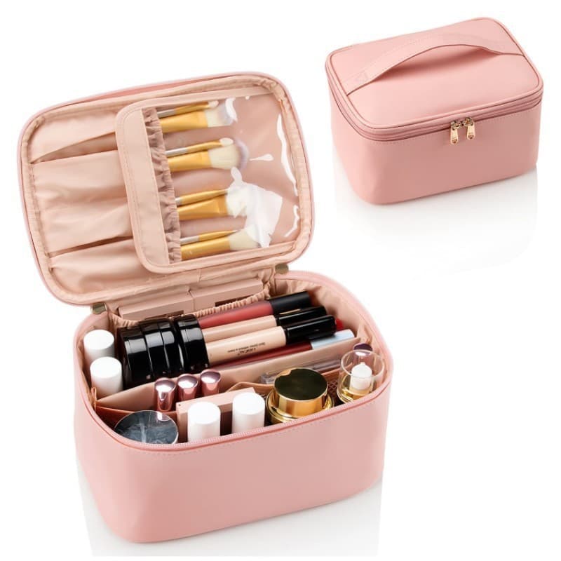 Pink Large Capacity Travel Makeup Bag Portable Cosmetic Case with Handle