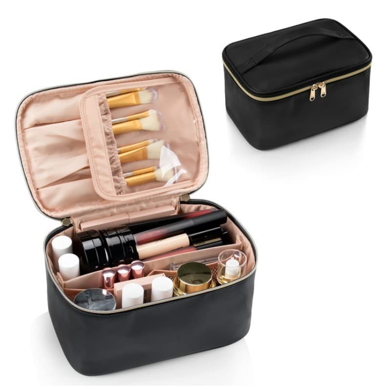 Black Large Capacity Travel Makeup Bag Portable Cosmetic Case with Handle