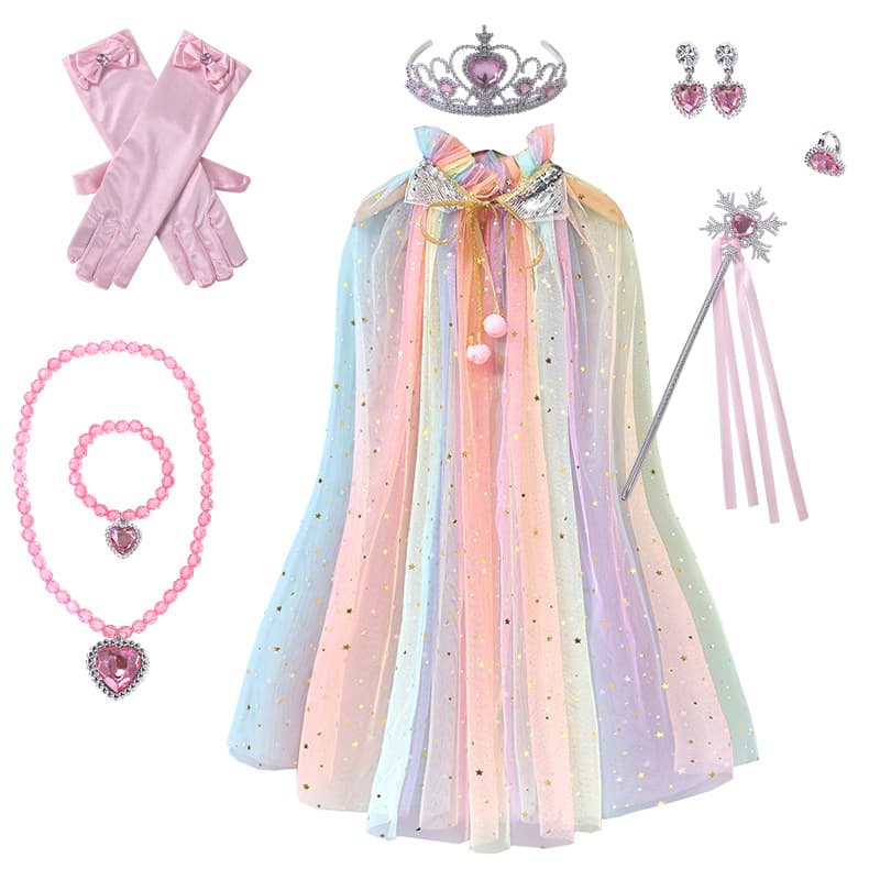 Pink Girls Rainbow Princess Costume Cape Set with Tiara Wand Gloves