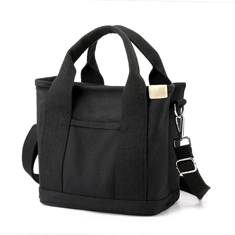 Black Small Canvas Tote Bag Crossbody Lunch Handbag with Adjustable Strap