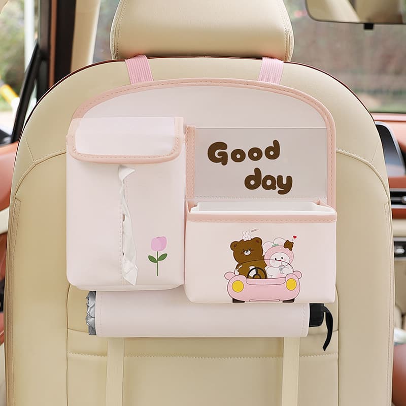 Pink Bear Car Back Seat Organiser PU Leather Hanging Storage Pouch