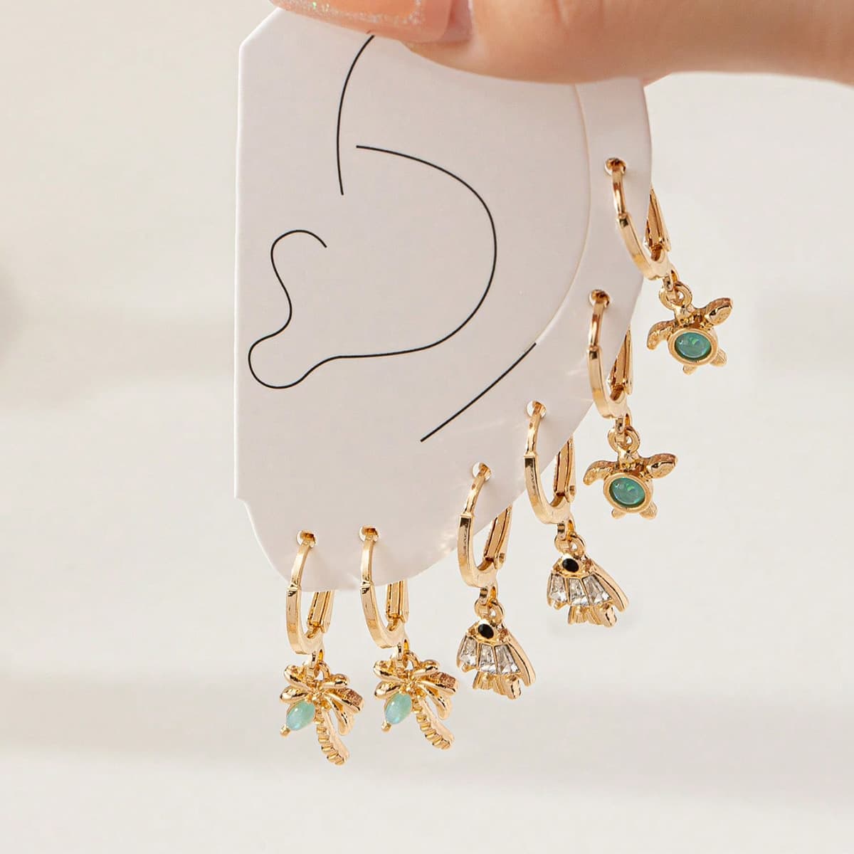 3-Pair Gold Tone Huggie Hoop Earrings Set Tropical Palm Tree Sea Turtle