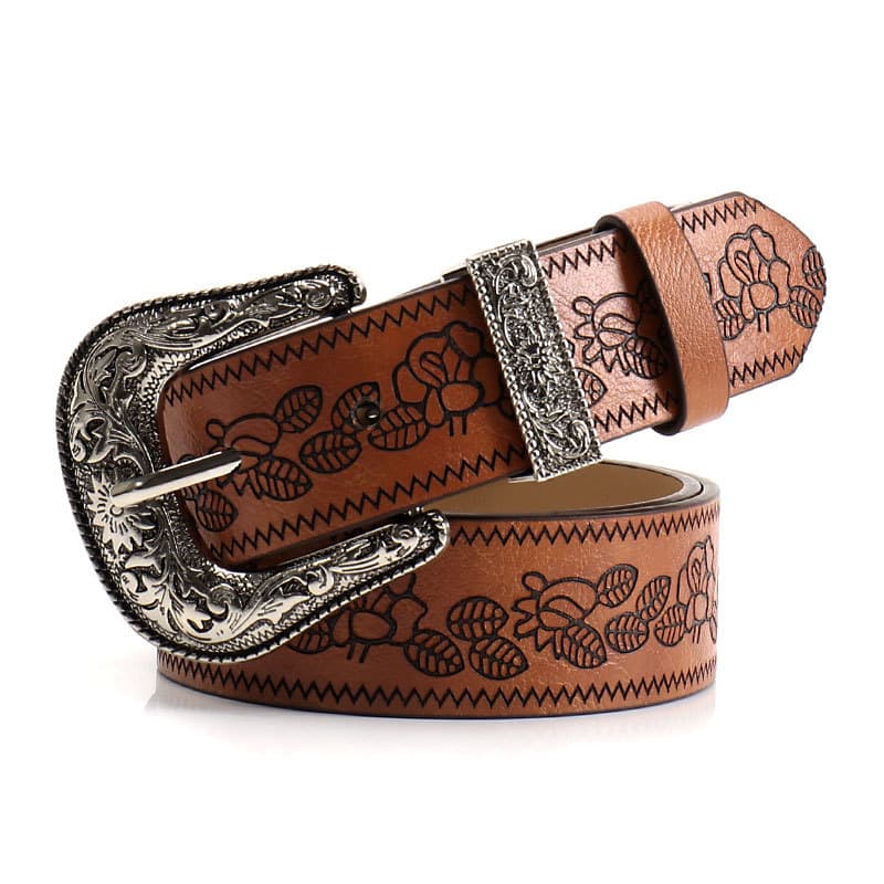 Brown Women's Western Style Embossed Belt 2 Pack Vintage PU Leather
