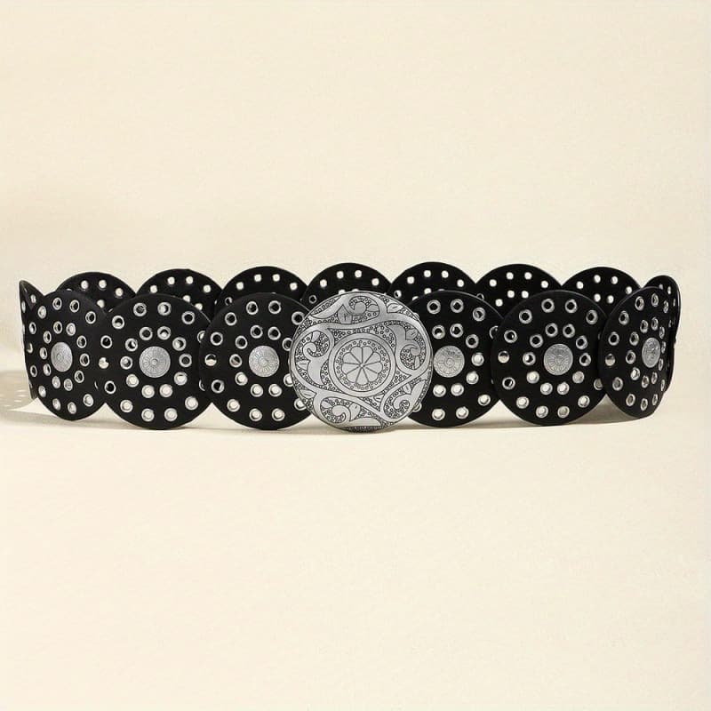 Women's Y2K Vintage Style Wide Waist Belt Black Faux Leather Disc Linked