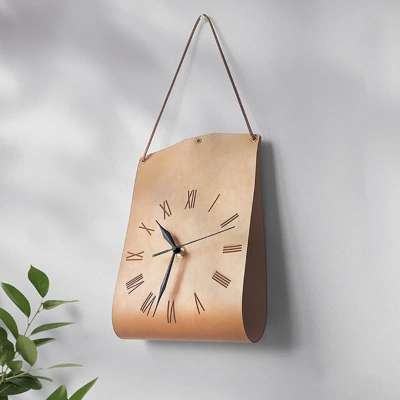 Light Brown Nordic Style PU Leather Hanging Wall Clock Vintage - Light Clock