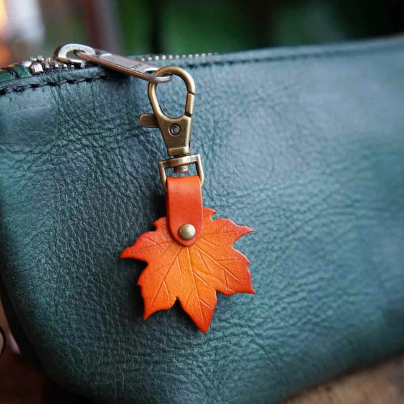 Orange 3 Pack PU Leather Maple Leaf Keychain Set Vintage - Orange Vintage