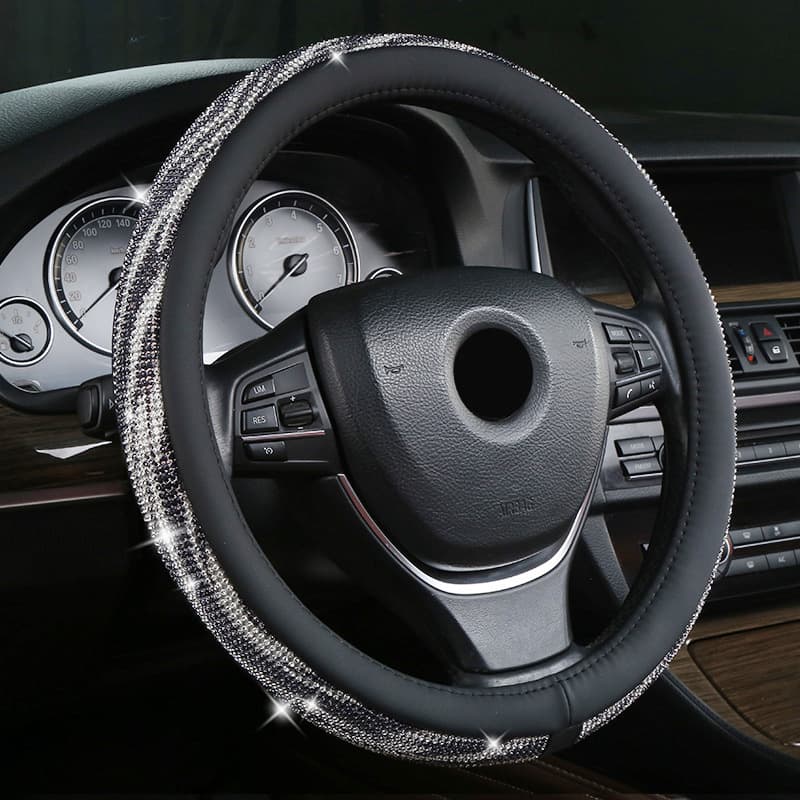 White-black Bling Crystal Steering Wheel Cover 38 cm Universal Fit