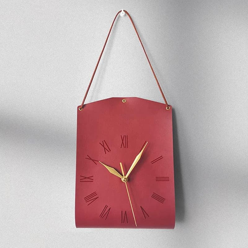 Red Nordic Style PU Leather Hanging Wall Clock Vintage Industrial Design