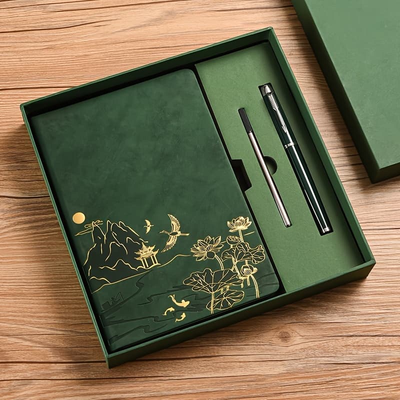 Green A5 Notebook Gift Set with Pen - PU Leather - Lotus & Crane Design