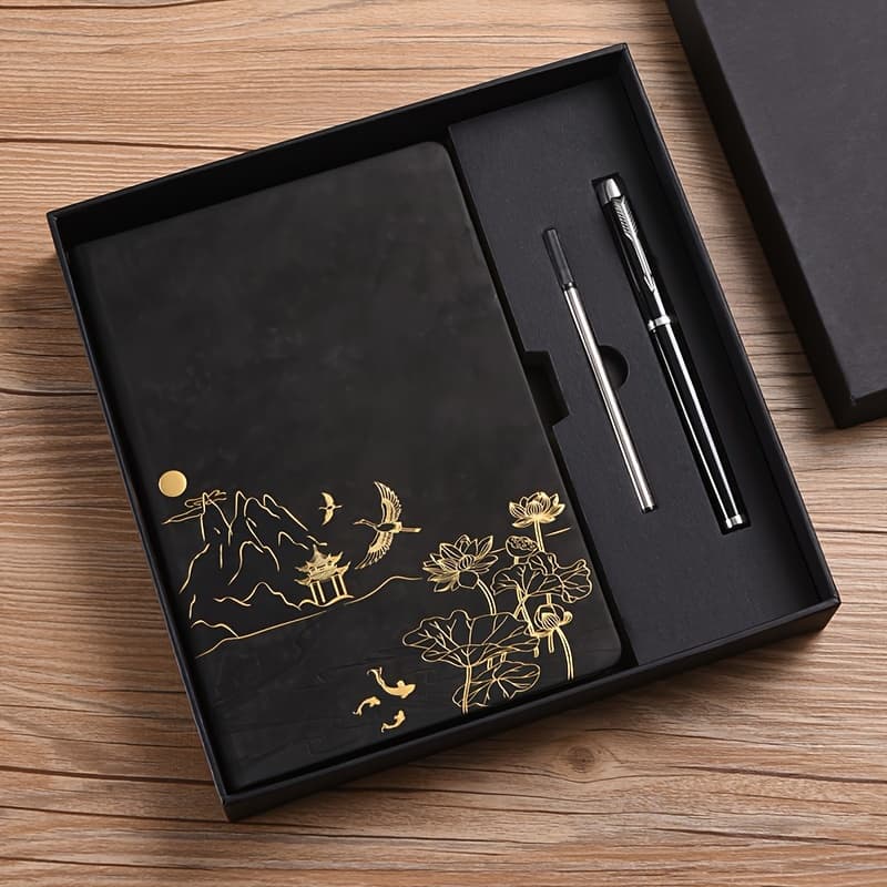 Black A5 Notebook Gift Set with Pen - PU Leather - Lotus & Crane Design