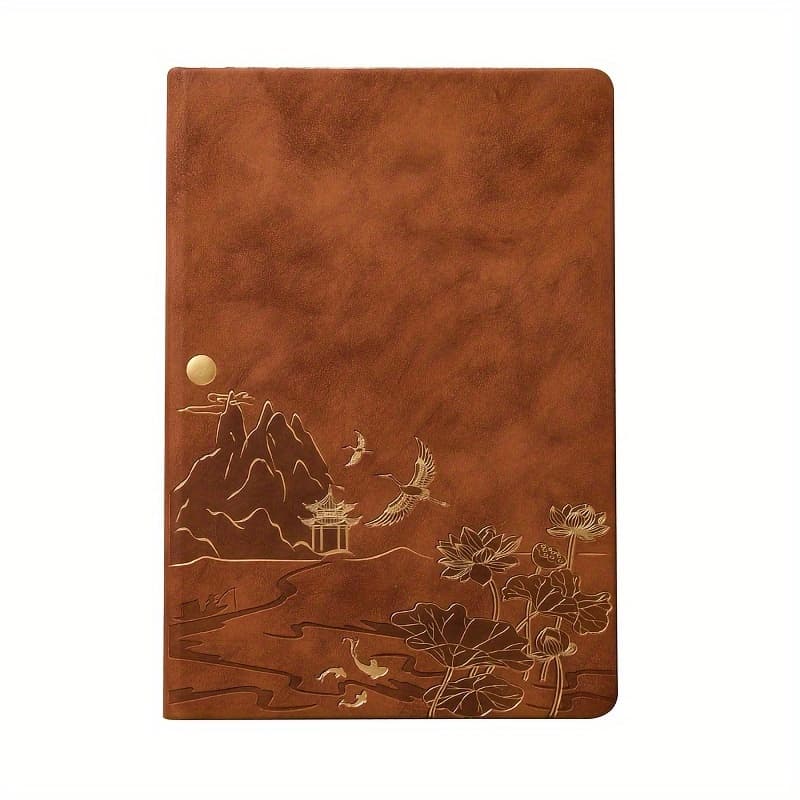 Brown A5 Notebook Gift Set with Pen - PU Leather - Lotus & Crane Design