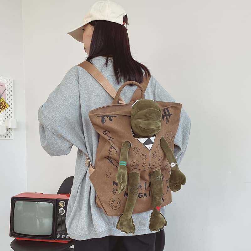 Coffee-brown 3D Frog Graffiti Canvas Backpack Large Capacity 37 × 40 cm