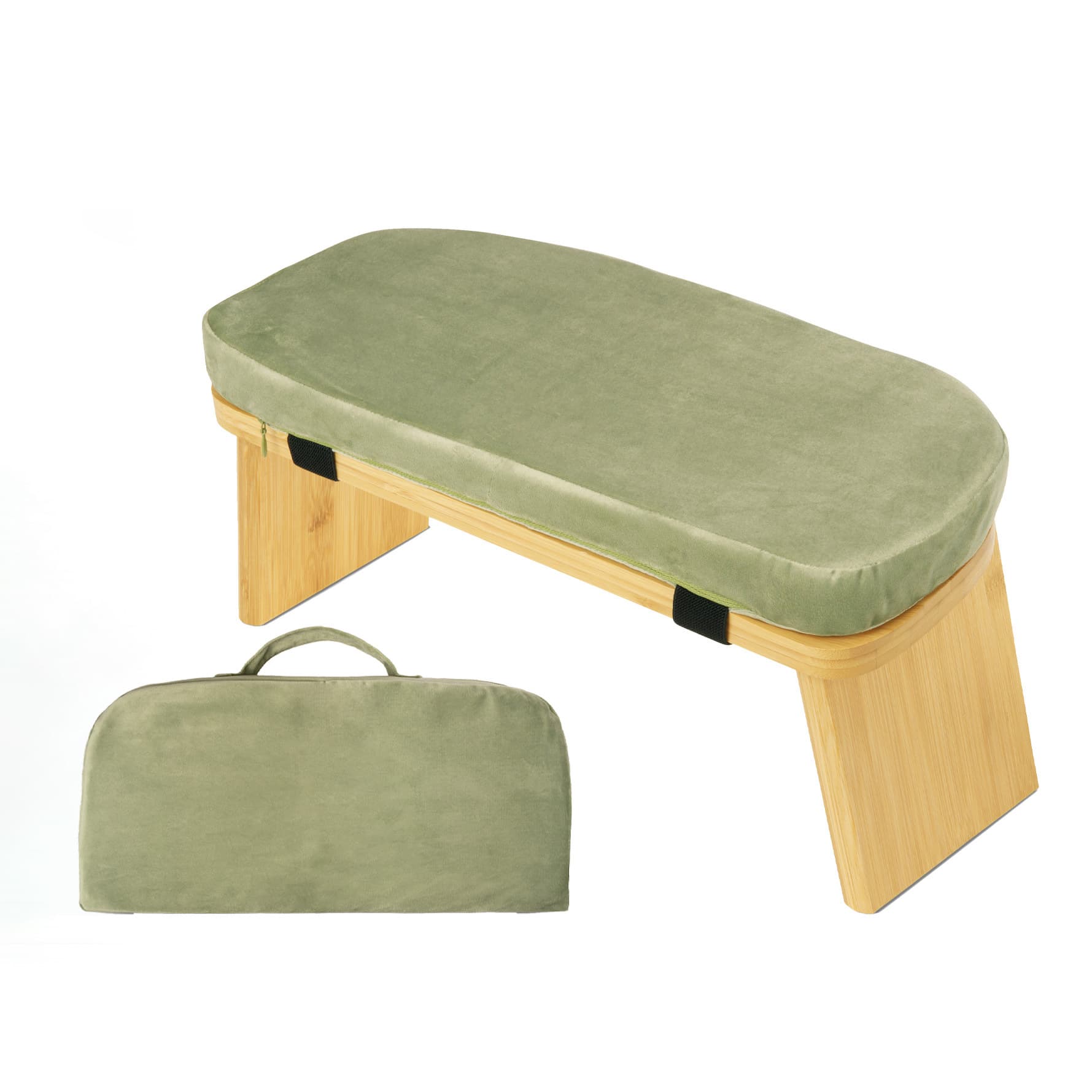 Green Foldable Wooden Meditation Stool with Padded Cushion 45 × 21 cm