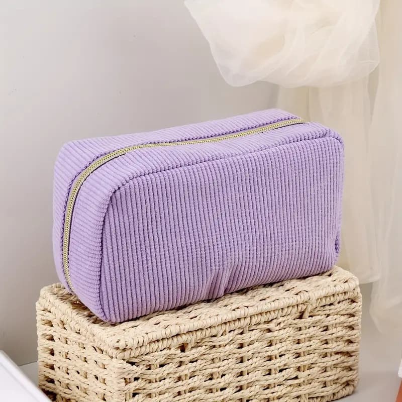 Purple Corduroy Cosmetic Bag Large Capacity 20 cm Makeup Pouch for Lipstick