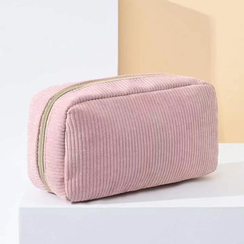 Pink Corduroy Cosmetic Bag Large Capacity 20 cm Makeup Pouch for Lipstick