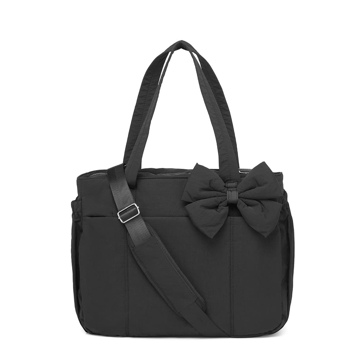 Black Women's Quilted Puffer Tote Bag Large Capacity Lightweight Bow Handbag