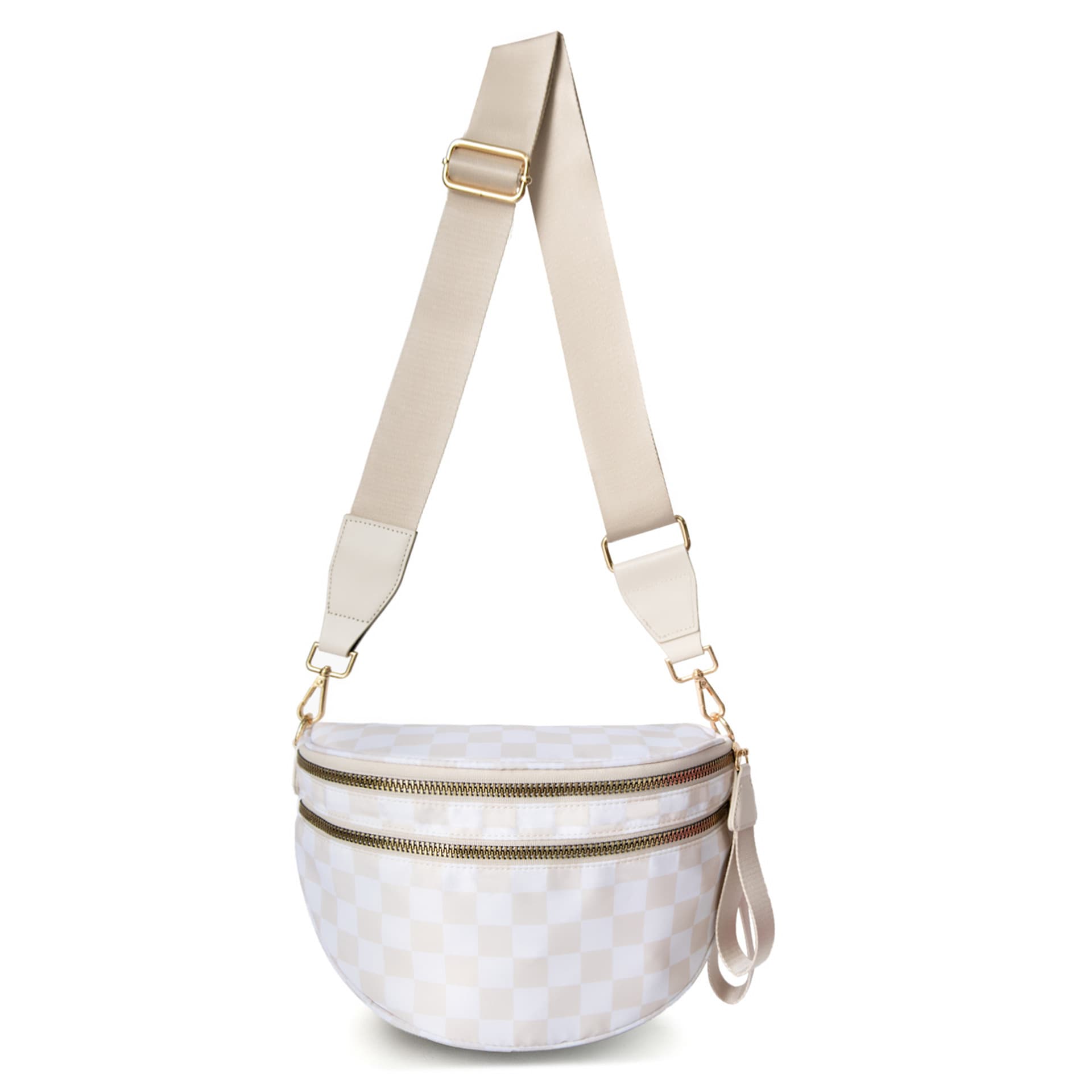 White-and-beige Checkered Pattern Women's Large Crescent Crossbody Bag