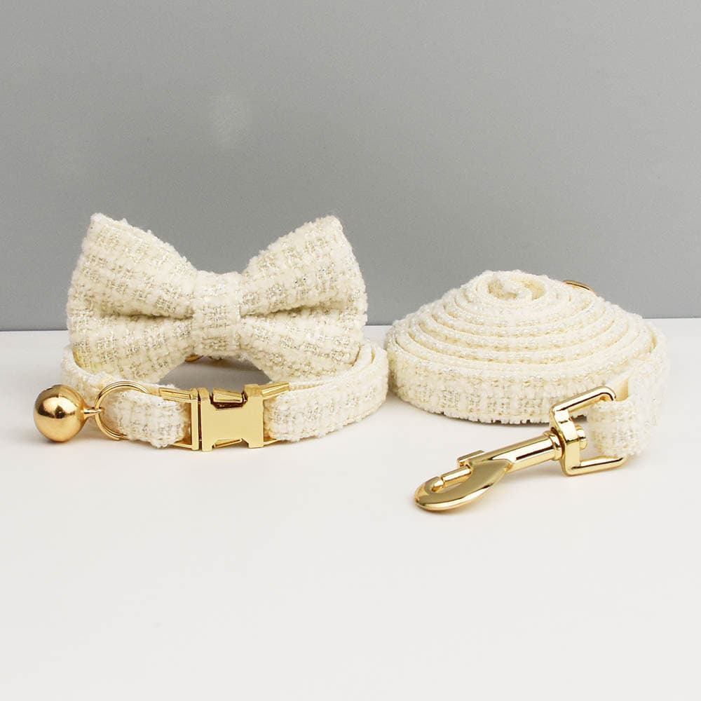 S White 3 Piece Tweed Cat Collar and Leash Set with Removable Bow Tie & Bell
