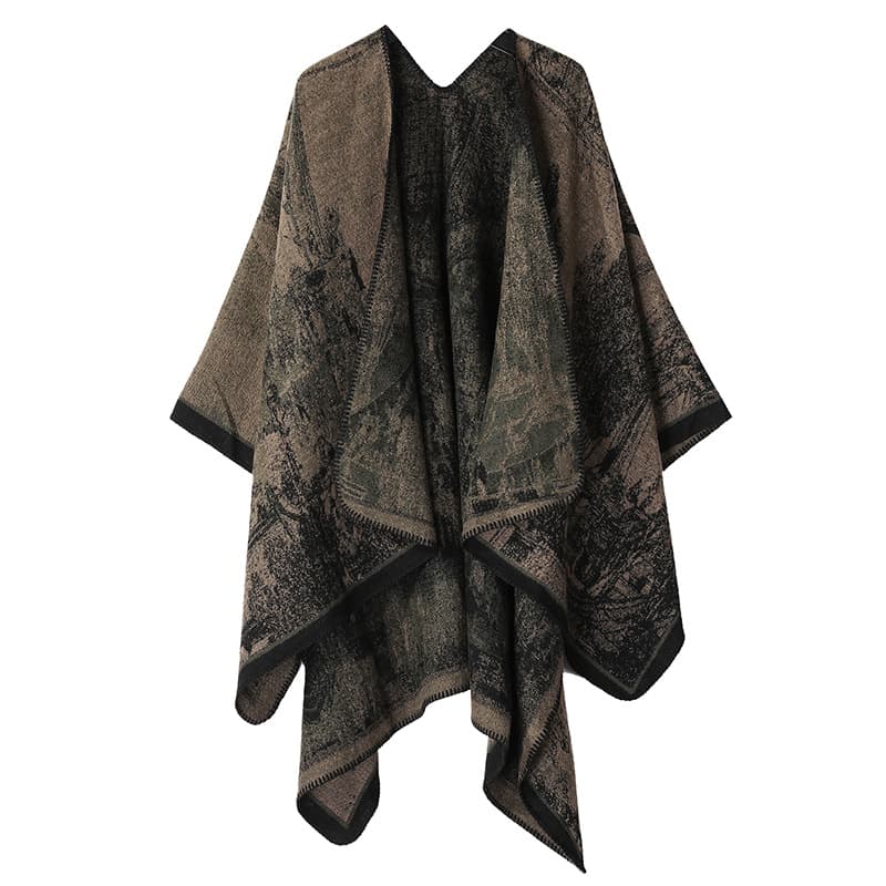 Faux Cashmere Shawl (Qingming Scroll Print) - Black Brown Green, 160 × 135