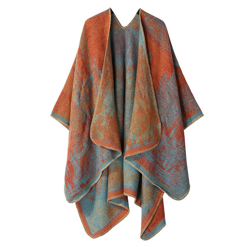 Faux Cashmere Shawl (Qingming Scroll Print) - Orange Blue, 160 × 135 cm