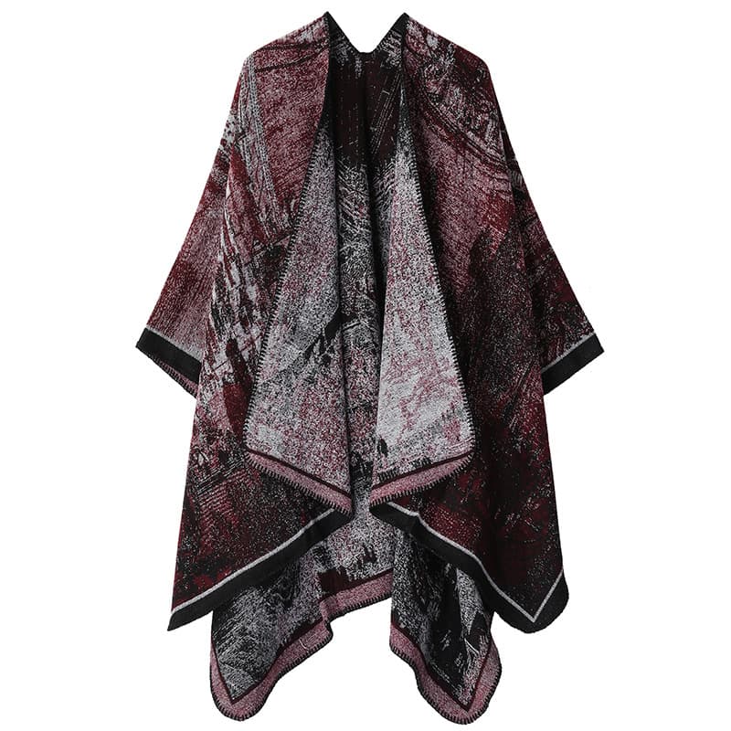 Faux Cashmere Shawl (Qingming Scroll Print) - Black Red, 160 × 135 cm