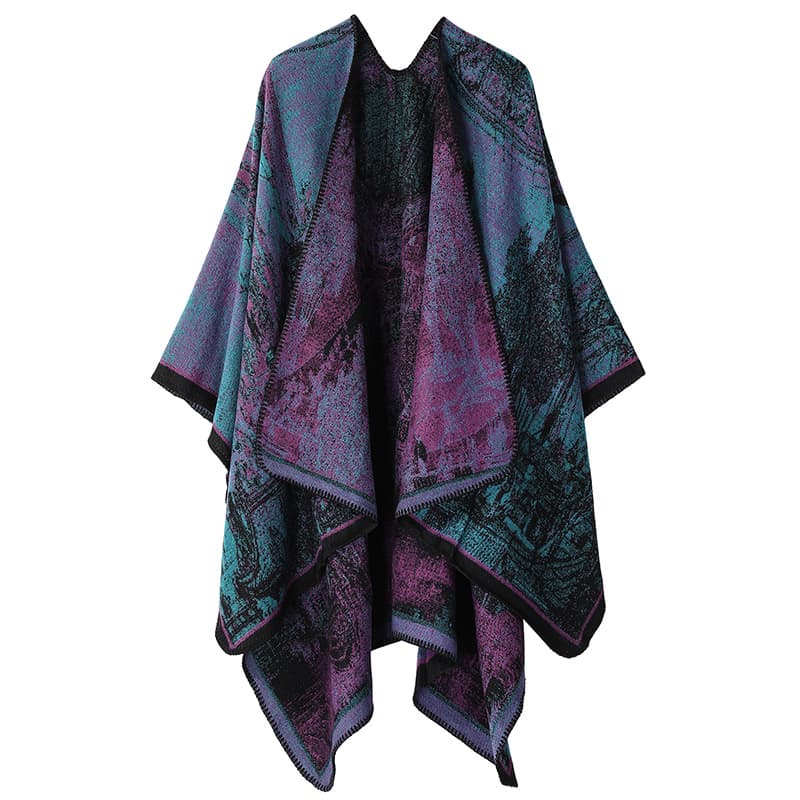Faux Cashmere Shawl (Qingming Scroll Print) - Purple Cyan, 160 × 135 cm