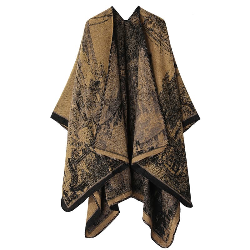 Faux Cashmere Shawl (Qingming Scroll Print) - Yellow Brown, 160 × 135 cm
