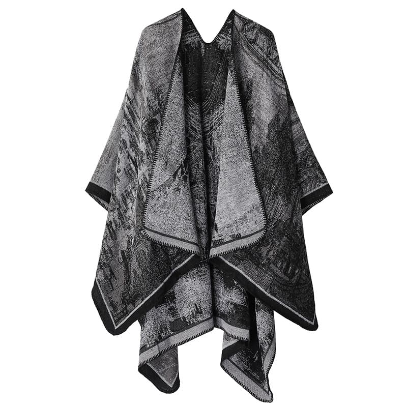 Faux Cashmere Shawl (Qingming Scroll Print) - Black Gray, 160 × 135 cm