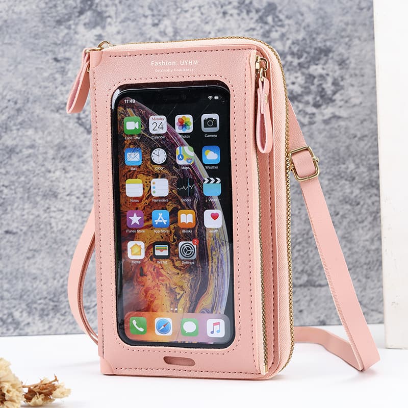 Two-Piece Pink Set Anti-Theft Touch Screen Mini Crossbody Phone - Pink Touch