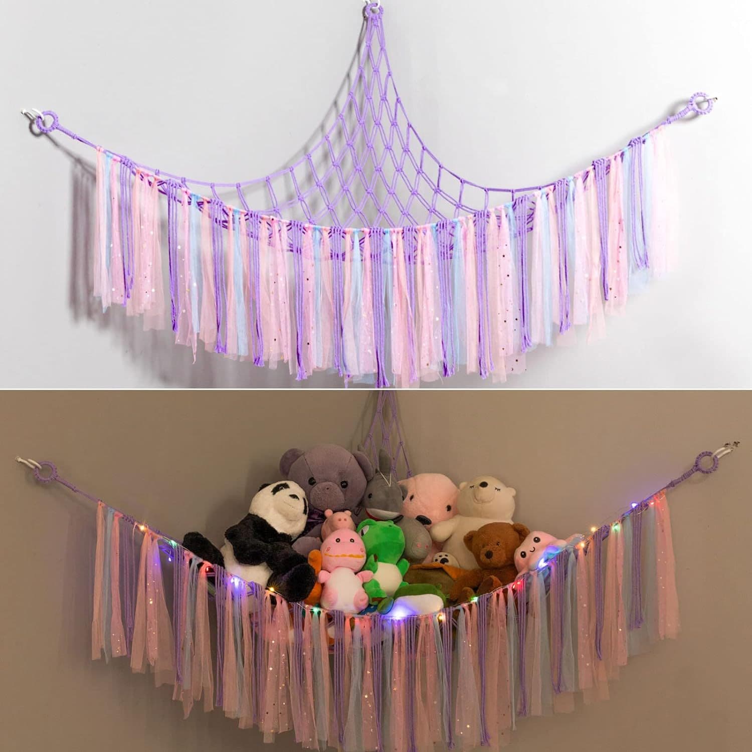 Purple Corner Plush Toy Organizer (100 × 100 × 150 cm) with Ribbon Accent