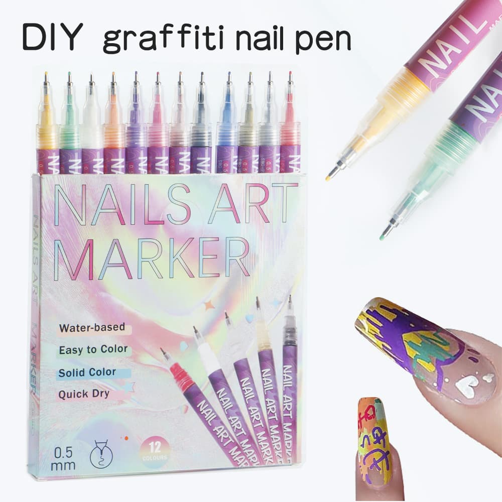 12-Color Acrylic Nail Art Marker Pen Set - Waterproof and Quick Drying, DIY