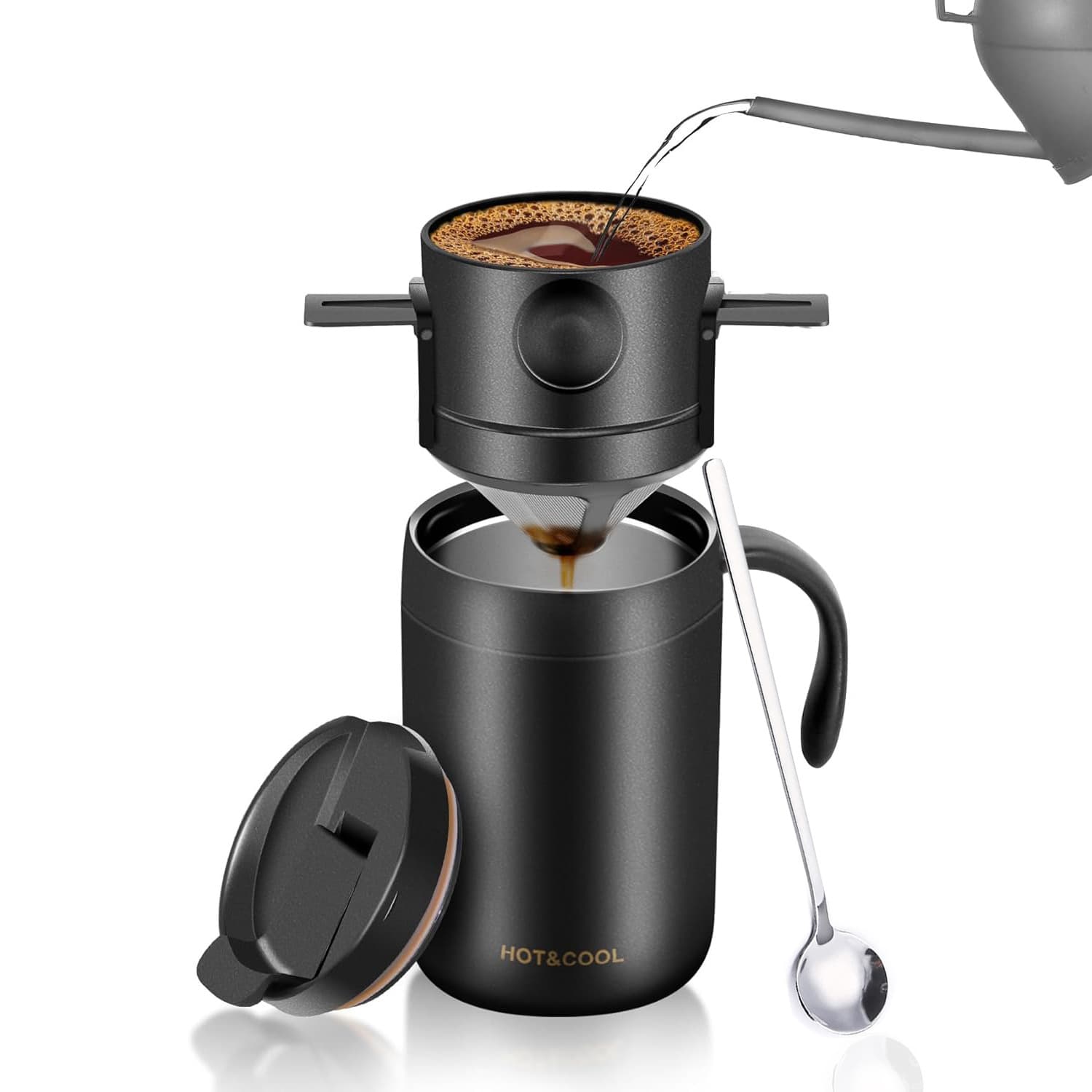 Black Portable Pour Over Coffee Maker Set Insulated Stainless Steel Travel