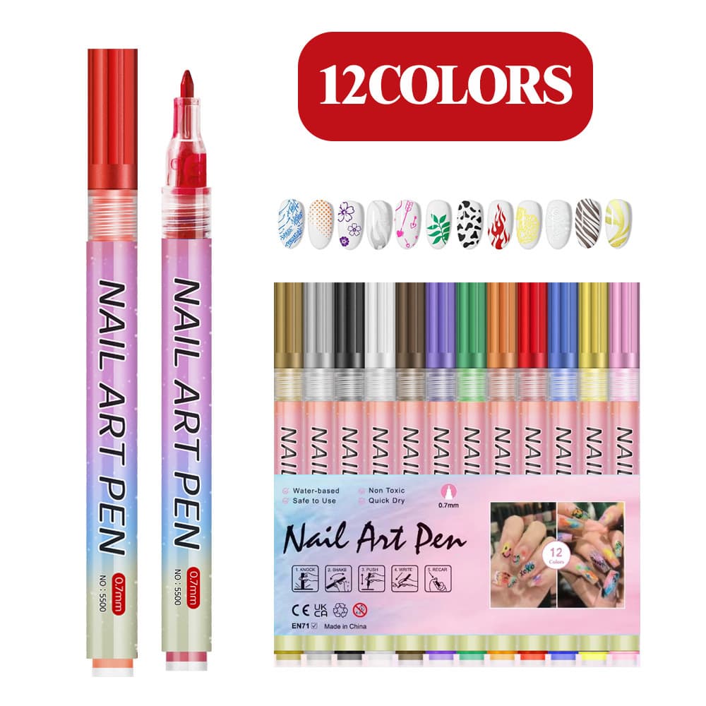Nail Art Marker Pen Set 12 Colors 0.7mm Fine Tip Easy Application