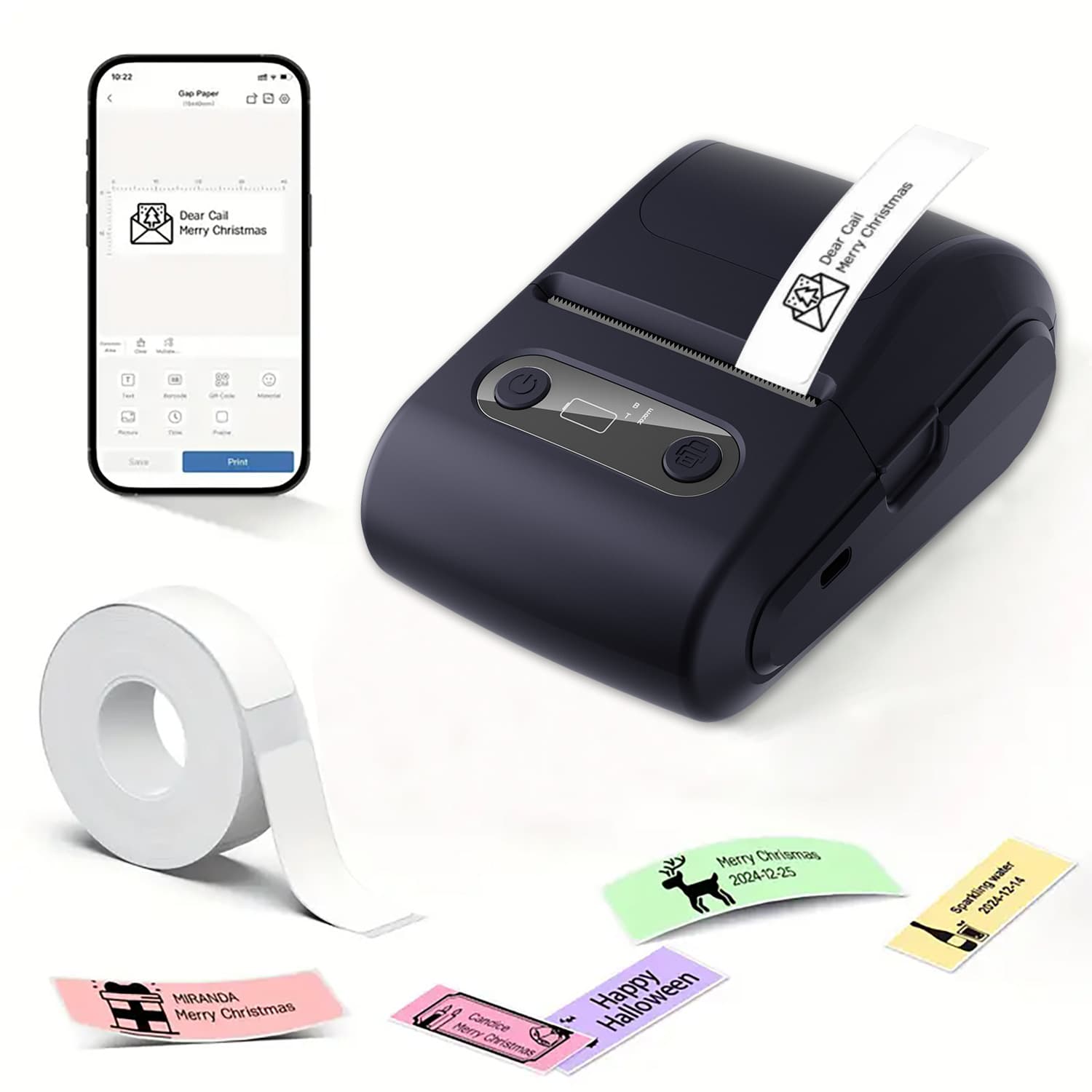 Black Portable Bluetooth Thermal Label Printer - Compact, Ink-Free Mini
