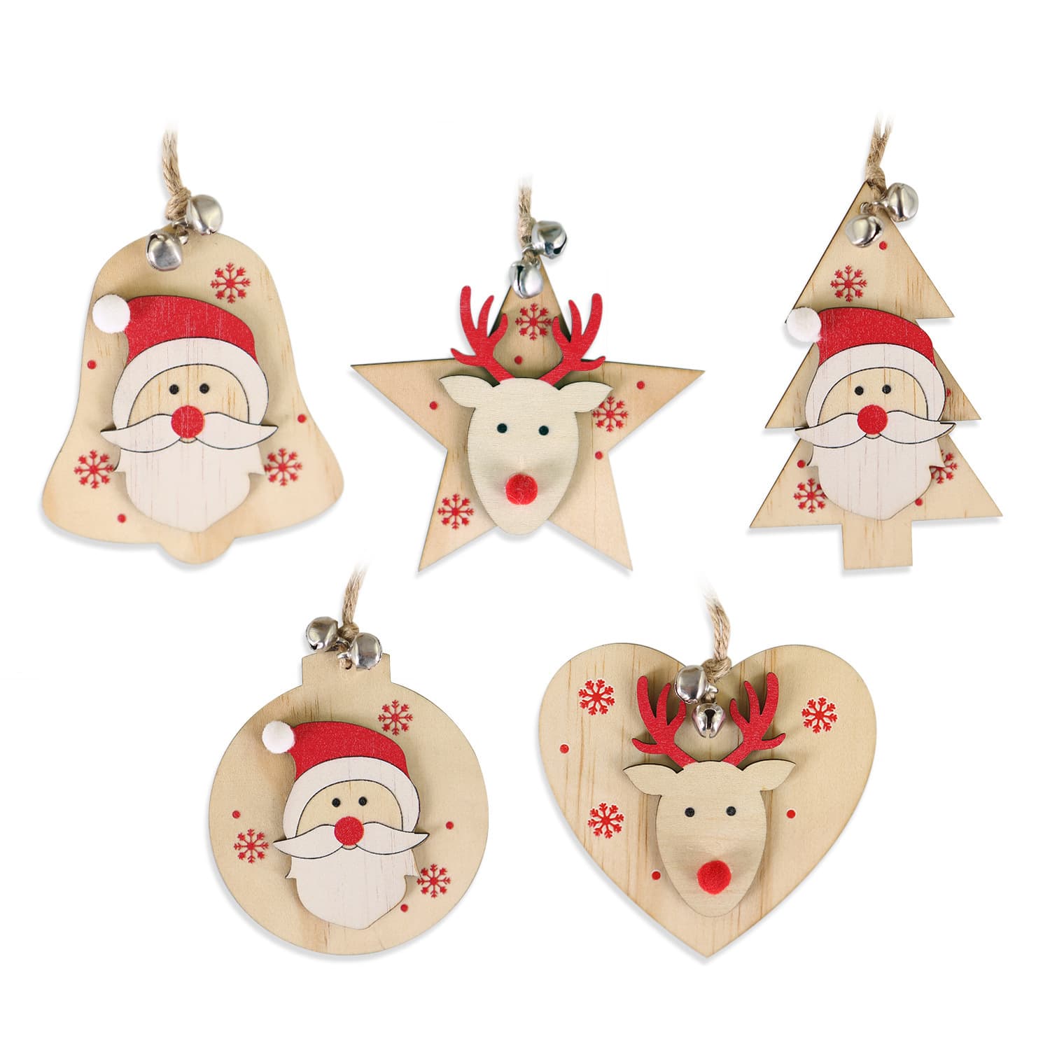 5 SET Rustic Wooden Christmas Hanging Ornaments with Bells - 5 Designs