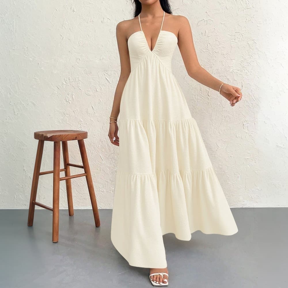 Apricot S Size Women's Halter Maxi Dress Summer Backless V-Neck Sleeveless