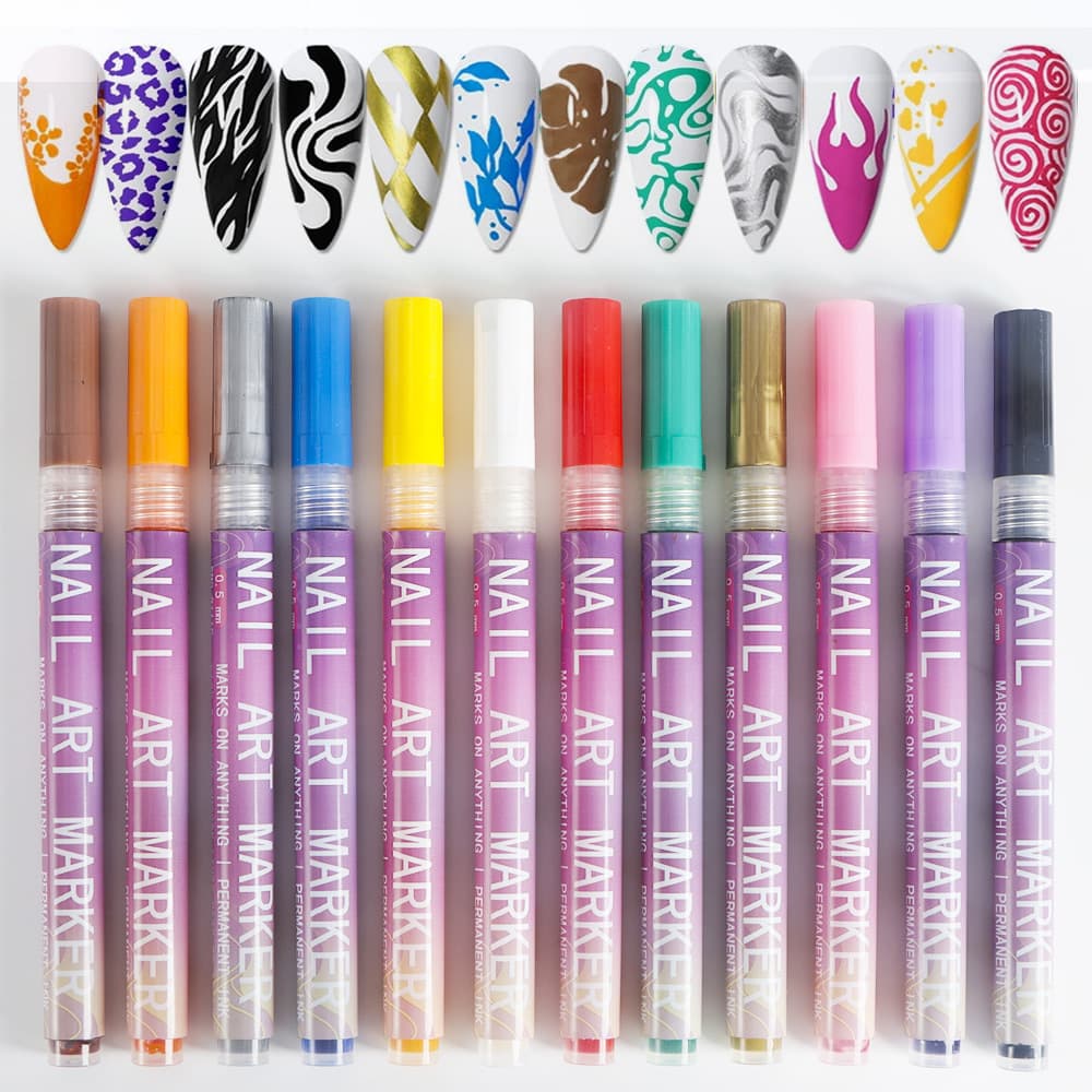 12 Piece Nail Art Graffiti Pen Set Acrylic Fine Tip Paint Markers for DIY