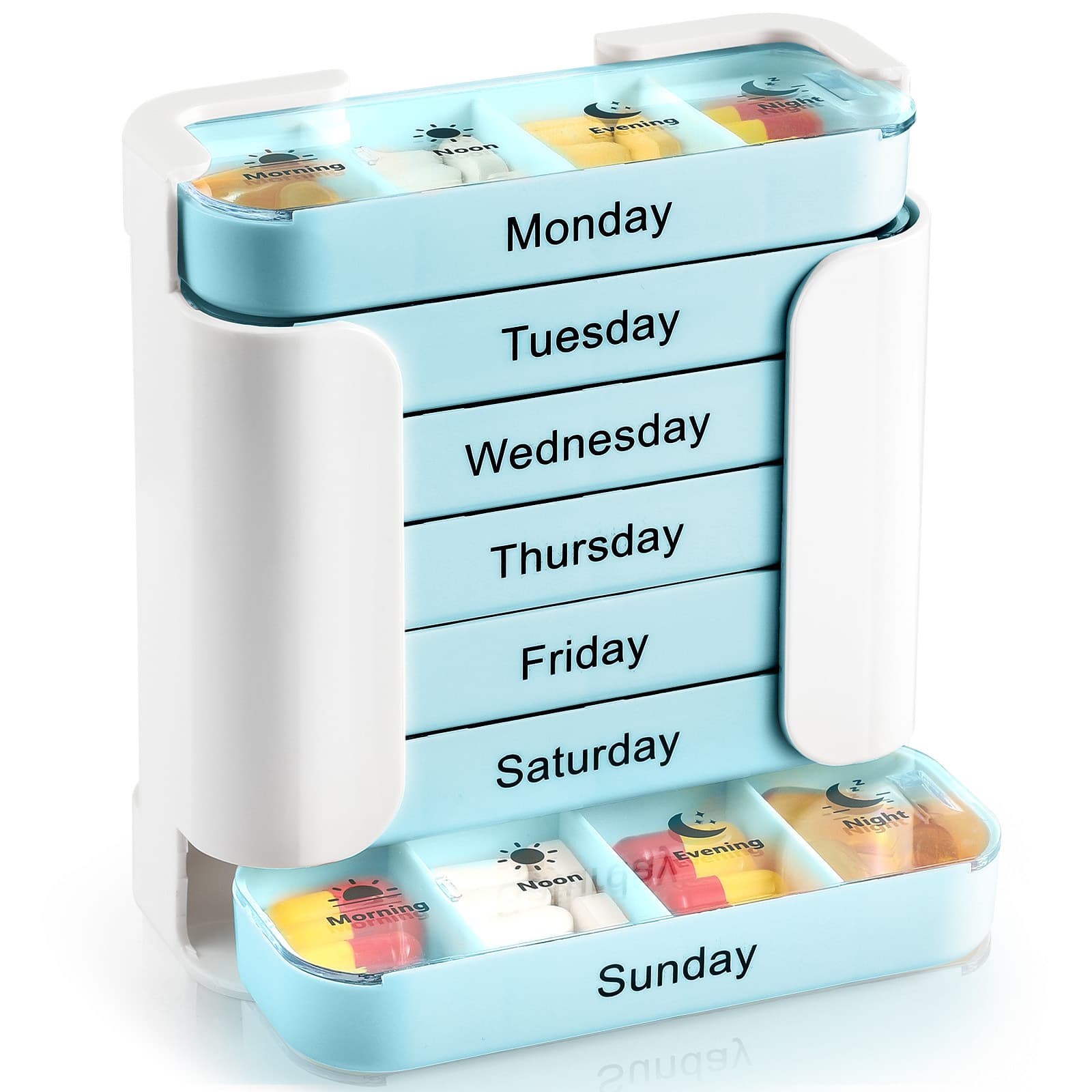 7 Day Weekly Pill Organiser Tower - White & Blue Medicine Storage Box with 4