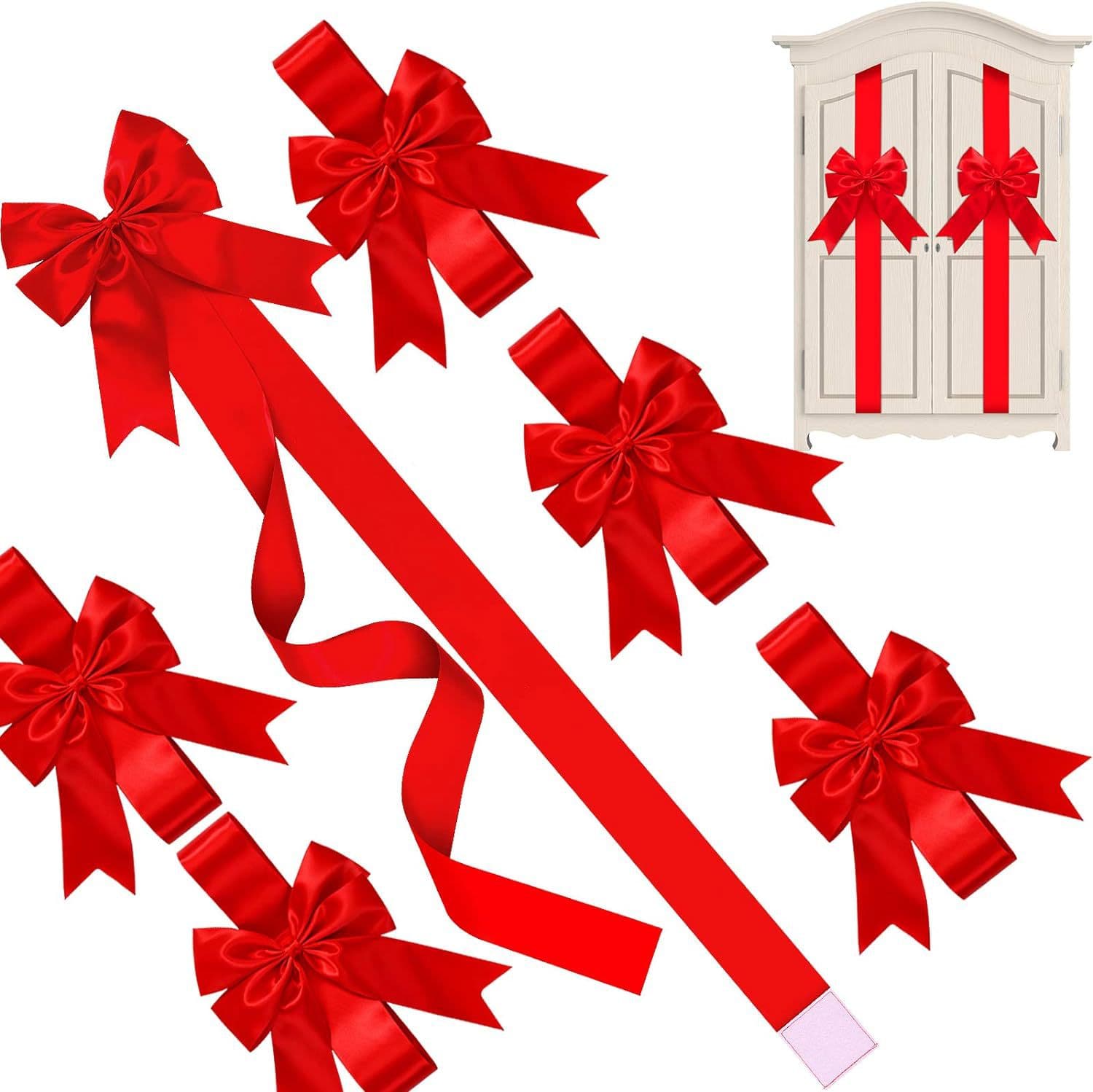 Red Satin Cabinet Door Bows 5 Pack - Large Pre-made Ribbon with Velcro
