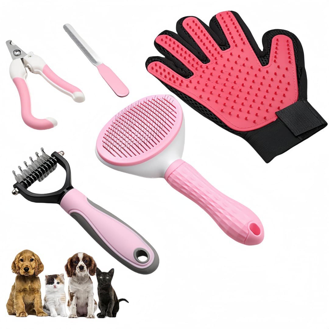 5-in-1 Pet Grooming Kit Pink - Stainless Steel Deshedding Rake